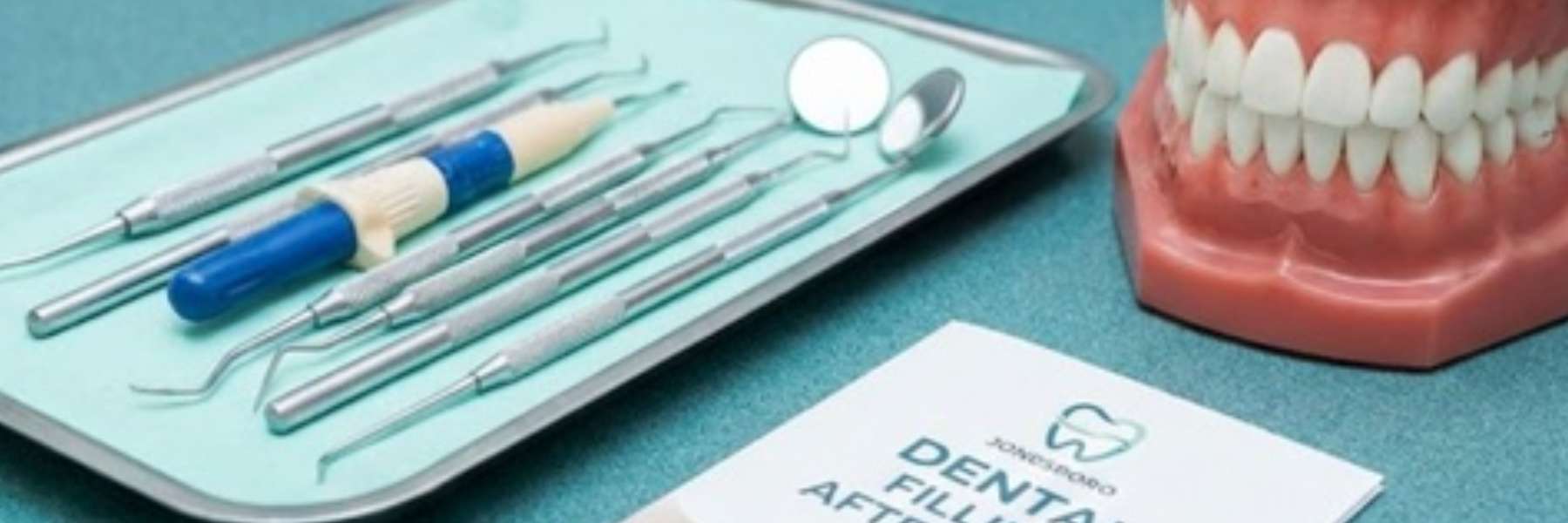 Dental instruments and teeth model for filling aftercare in Jonesboro, AR.